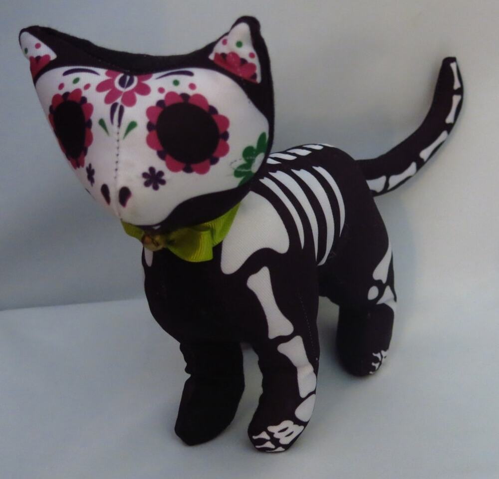 Day of the Dead Skeleton Cat Dia De Los Muertos Fabric Stuffie Toy Halloween